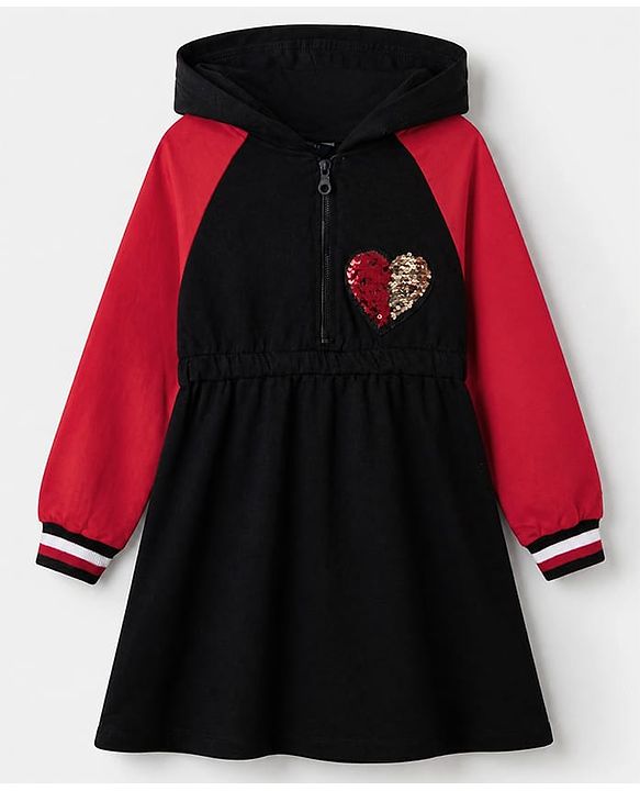 Pine Kids 100% Cotton Knit Winter Frock with Full Raglan Sleeves, Hooded Neck and Heart Sequins in Black