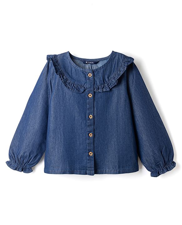 Pine Kids Cotton Mix Woven Denim Top with Full Sleeves in Navy Blue