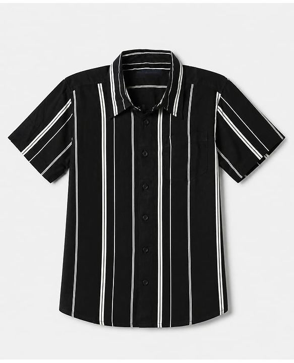 Pine Kids 100% Cotton Woven Striped Shirt with Half Sleeves - Black