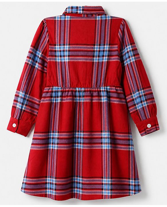 Pine Kids 100% Cotton Woven Knee Length Frock with Full Sleeves and Tartan Plaid Print in Red