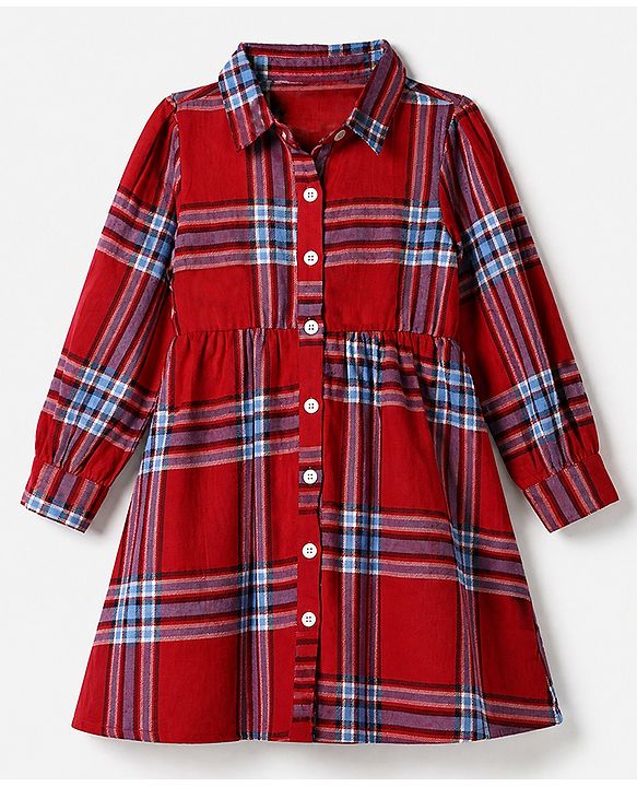 Pine Kids 100% Cotton Woven Knee Length Frock with Full Sleeves and Tartan Plaid Print in Red