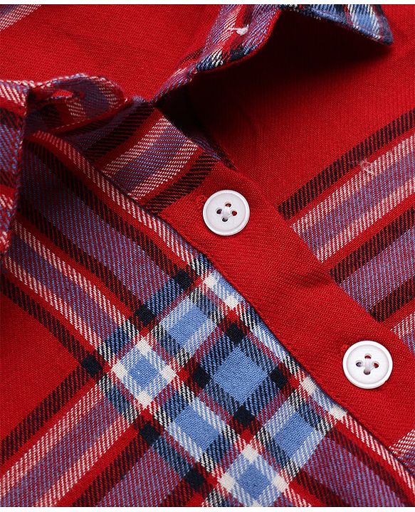 Pine Kids 100% Cotton Woven Knee Length Frock with Full Sleeves and Tartan Plaid Print in Red
