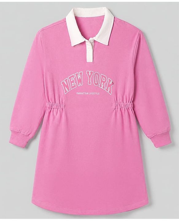 Pine Kids Cotton Knit Winter Dress with Full Sleeves and New York Print in Pink for 4-5 Years