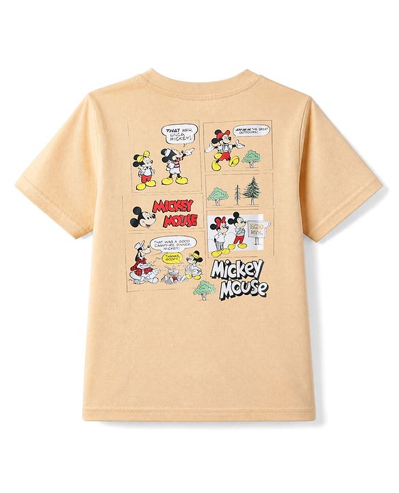 Pine Kids Disney 100% Cotton Single Jersey Knit Half Sleeves T-Shirt with Front and Back Mickey Mouse Graphic - Beige
