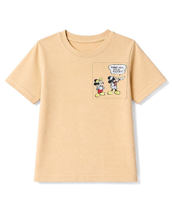 Pine Kids Disney 100% Cotton Single Jersey Knit Half Sleeves T-Shirt with Front and Back Mickey Mouse Graphic - Beige