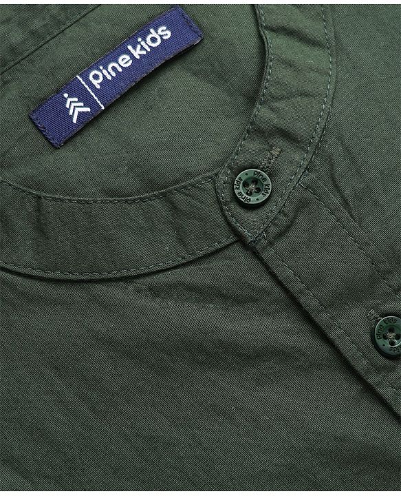 Pine Kids 100% Cotton Woven Solid Shirt with Full Sleeves in Olive Green