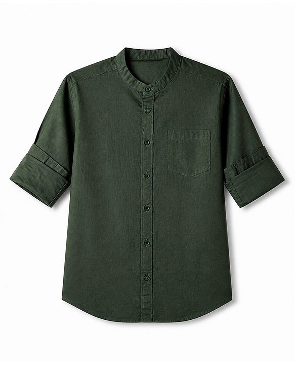 Pine Kids 100% Cotton Woven Solid Shirt with Full Sleeves in Olive Green