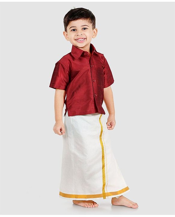Babyhug Half Sleeve Shirt & Mundu Set - Maroon White