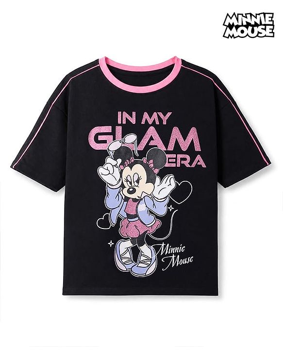 Pine Kids Disney 100% Cotton Knit Single Jersey T-Shirt with Half Sleeves and Minnie Mouse Print - Black