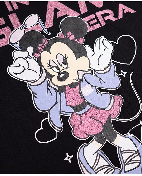 Pine Kids Disney 100% Cotton Knit Single Jersey T-Shirt with Half Sleeves and Minnie Mouse Print - Black