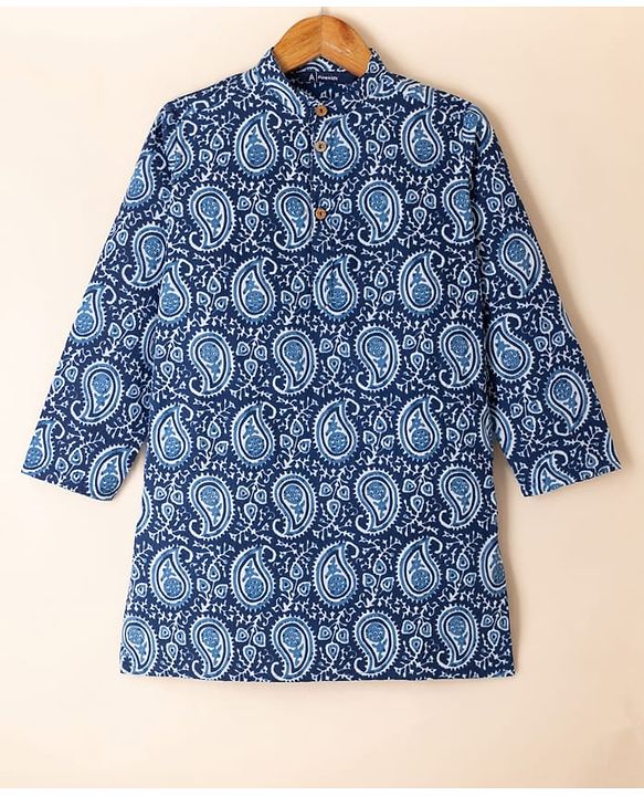 Pine Kids 100% Cotton Woven Full Sleeves Kurta & Pyjama Set with Paisley Print in Navy Blue