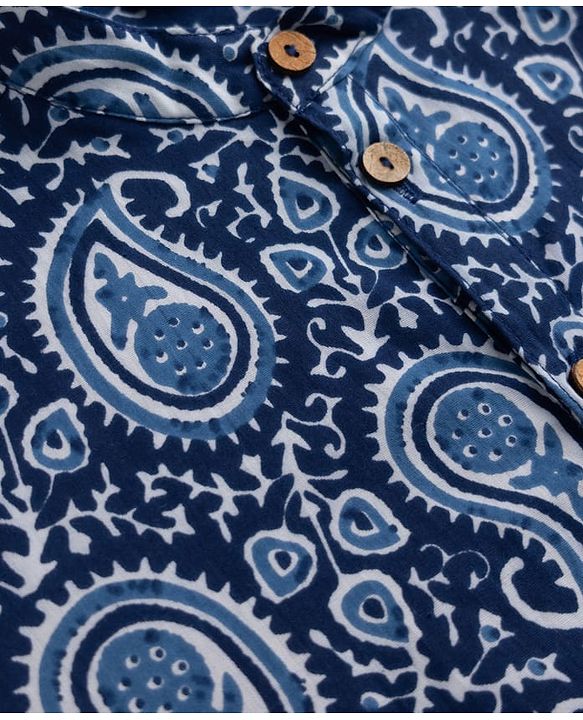 Pine Kids 100% Cotton Woven Full Sleeves Kurta & Pyjama Set with Paisley Print in Navy Blue