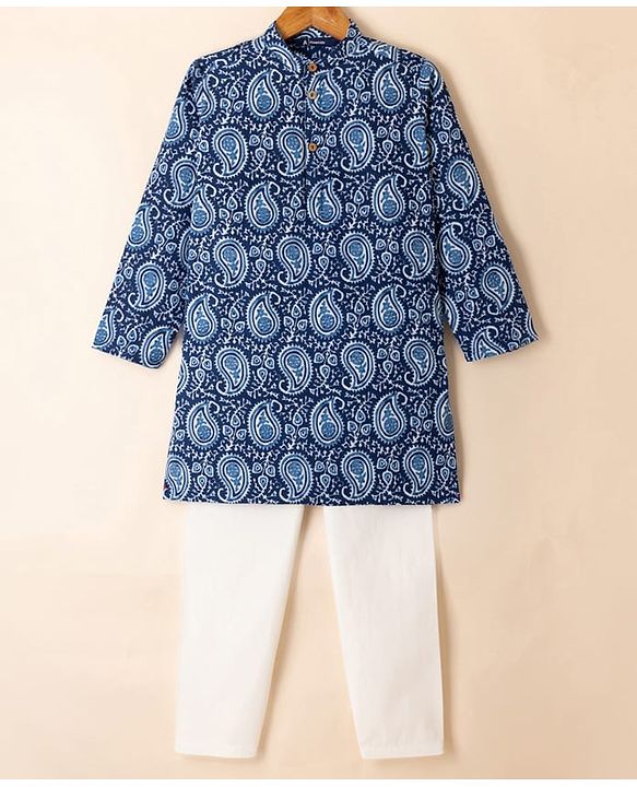 Pine Kids 100% Cotton Woven Full Sleeves Kurta & Pyjama Set with Paisley Print in Navy Blue