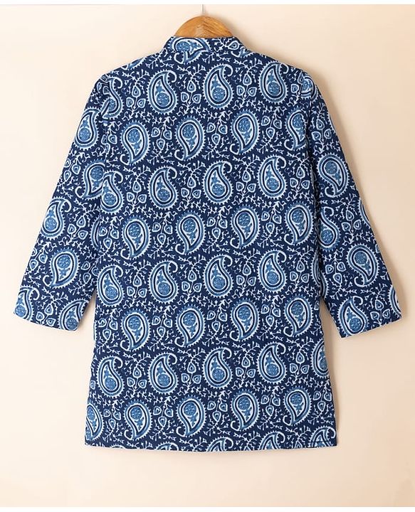 Pine Kids 100% Cotton Woven Full Sleeves Kurta & Pyjama Set with Paisley Print in Navy Blue