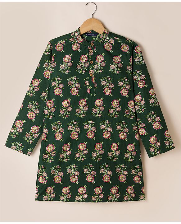 Pine Kids 100% Cotton Woven Full Sleeves Kurta Pyjama Set with Floral Print in Dark Green for 4-5 Years