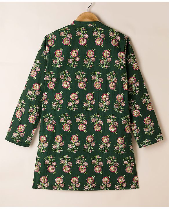 Pine Kids 100% Cotton Woven Full Sleeves Kurta Pyjama Set with Floral Print in Dark Green for 4-5 Years