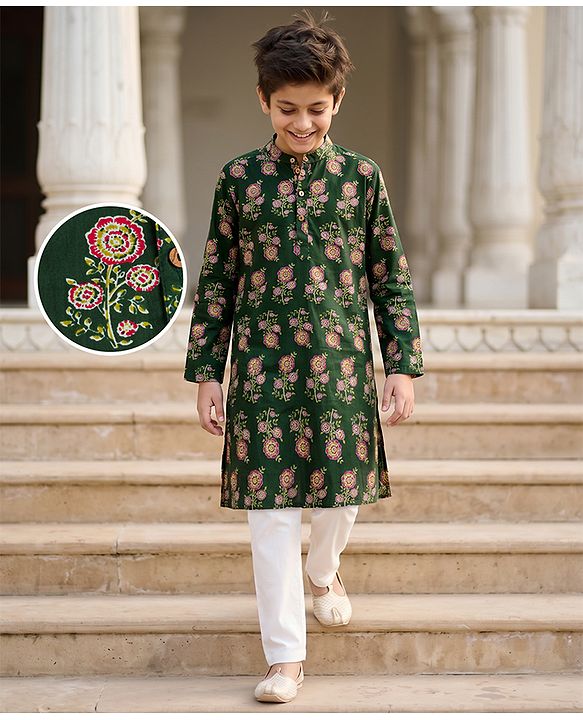 Pine Kids 100% Cotton Woven Full Sleeves Kurta Pyjama Set with Floral Print in Dark Green for 4-5 Years
