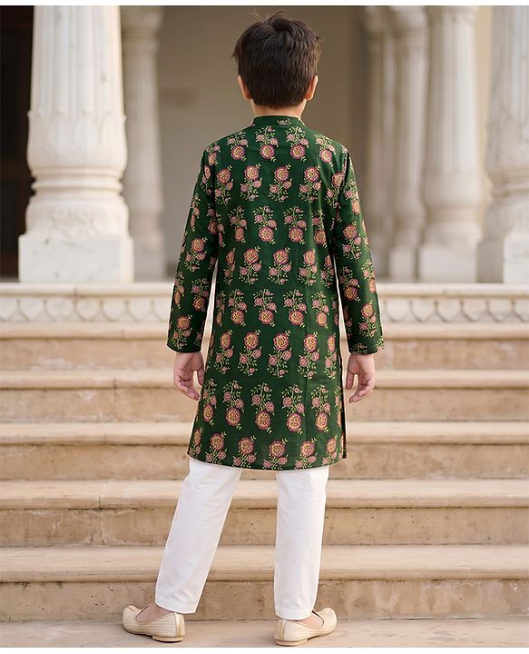 Pine Kids 100% Cotton Woven Full Sleeves Kurta Pyjama Set with Floral Print in Dark Green for 4-5 Years