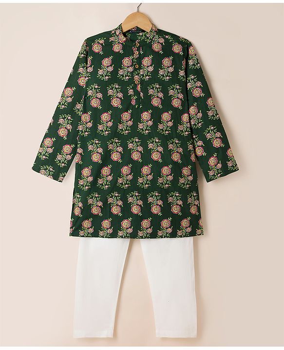 Pine Kids 100% Cotton Woven Full Sleeves Kurta Pyjama Set with Floral Print in Dark Green for 4-5 Years
