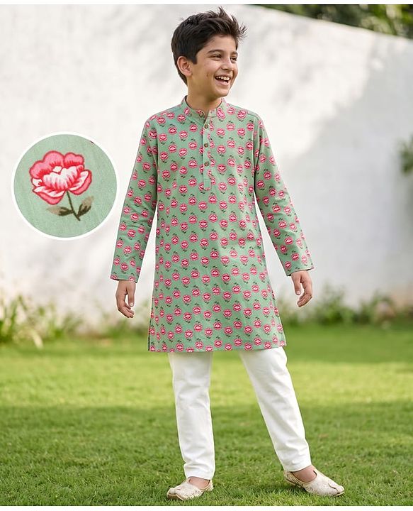Pine Kids 100% Cotton Woven Full Sleeves Kurta Pyjama Set with Full Length and Floral Print in Mint