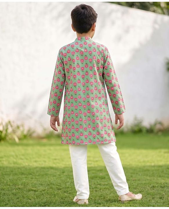 Pine Kids 100% Cotton Woven Full Sleeves Kurta Pyjama Set with Full Length and Floral Print in Mint
