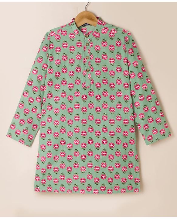 Pine Kids 100% Cotton Woven Full Sleeves Kurta Pyjama Set with Full Length and Floral Print in Mint