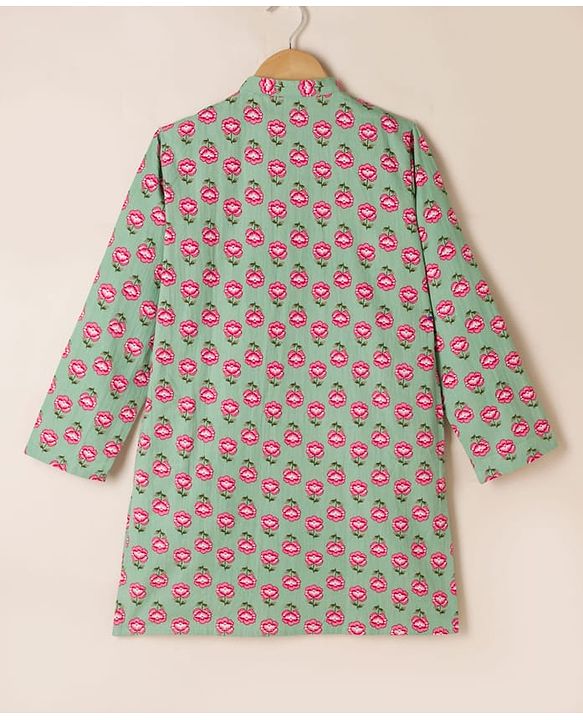 Pine Kids 100% Cotton Woven Full Sleeves Kurta Pyjama Set with Full Length and Floral Print in Mint