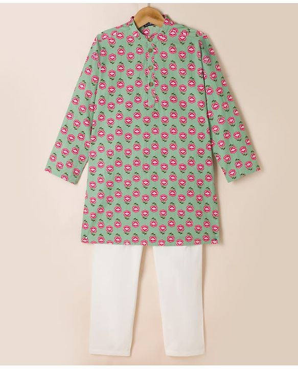 Pine Kids 100% Cotton Woven Full Sleeves Kurta Pyjama Set with Full Length and Floral Print in Mint