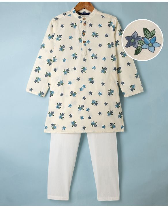 Pine Kids 100% Cotton Woven Full Sleeves Kurta and Pyjama with Full Length and Floral Print in White for 4-5 Years