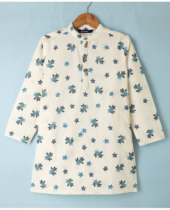 Pine Kids 100% Cotton Woven Full Sleeves Kurta and Pyjama with Full Length and Floral Print in White for 4-5 Years