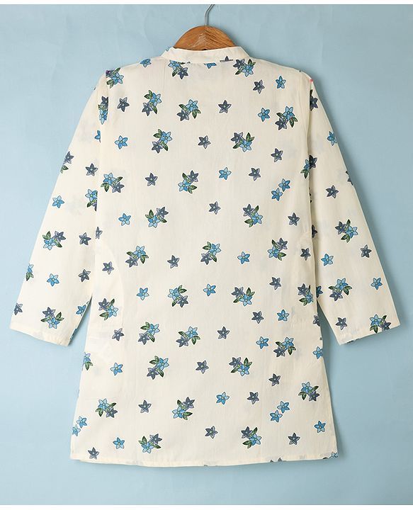 Pine Kids 100% Cotton Woven Full Sleeves Kurta and Pyjama with Full Length and Floral Print in White for 4-5 Years