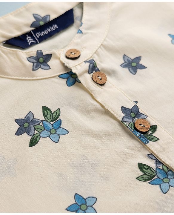 Pine Kids 100% Cotton Woven Full Sleeves Kurta and Pyjama with Full Length and Floral Print in White for 4-5 Years