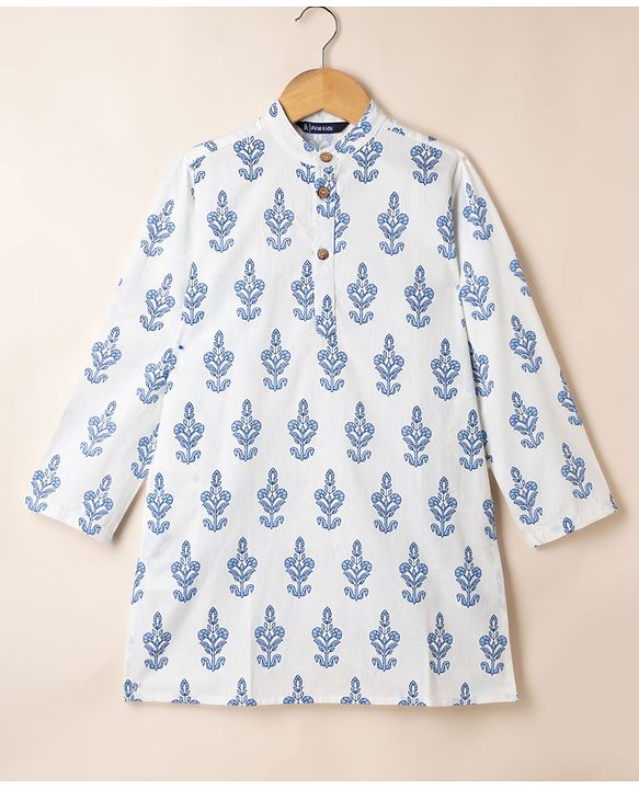 Pine Kids 100% Cotton Woven Full Sleeves Kurta Pyjama Set with Floral Print in Light/Sky Blue for 4-5 Years