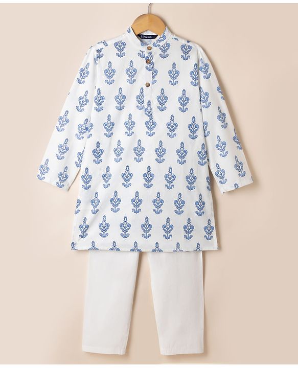 Pine Kids 100% Cotton Woven Full Sleeves Kurta Pyjama Set with Floral Print in Light/Sky Blue for 4-5 Years