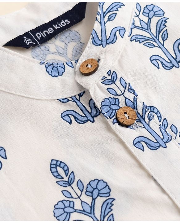 Pine Kids 100% Cotton Woven Full Sleeves Kurta Pyjama Set with Floral Print in Light/Sky Blue for 4-5 Years