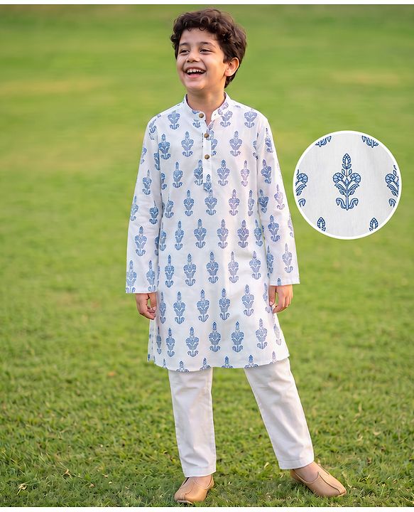 Pine Kids 100% Cotton Woven Full Sleeves Kurta Pyjama Set with Floral Print in Light/Sky Blue for 4-5 Years