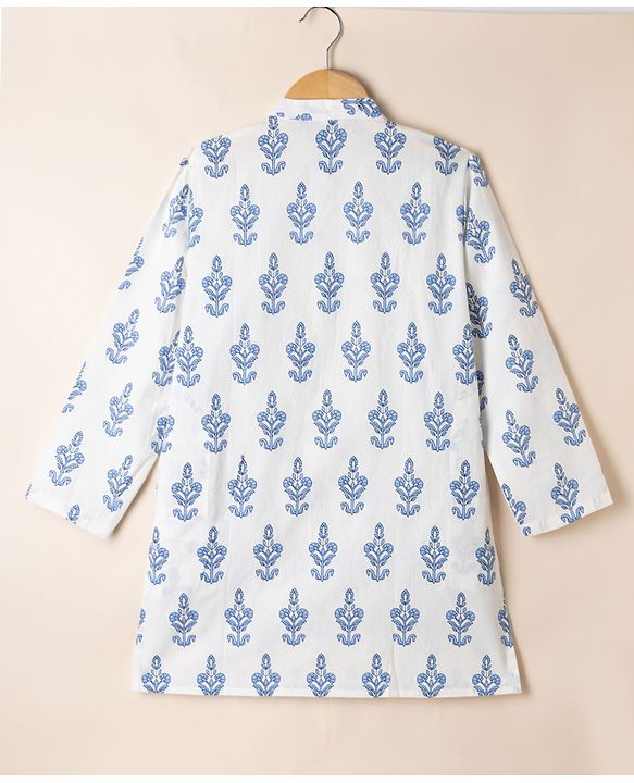 Pine Kids 100% Cotton Woven Full Sleeves Kurta Pyjama Set with Floral Print in Light/Sky Blue for 4-5 Years