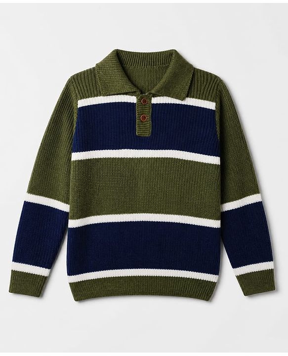 Pine Kids Knit Pullovers with Full Sleeves and Striped Design in Green