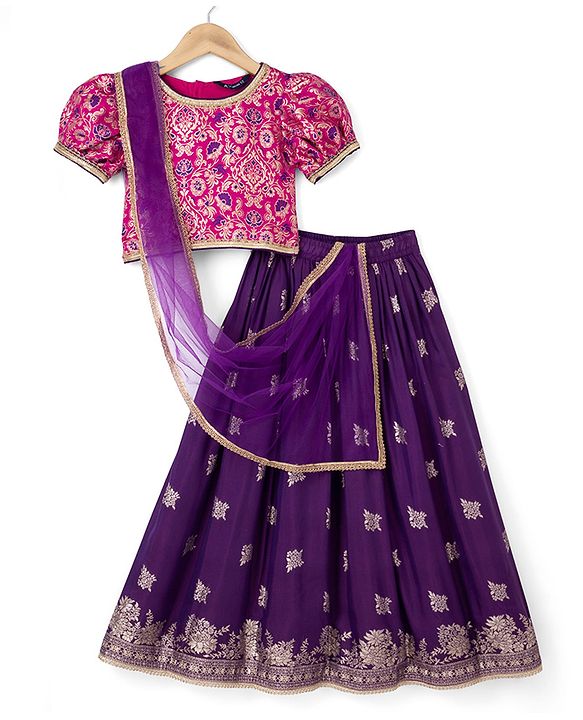 Pine Kids Woven Half Sleeves Lehenga Choli with Dupatta and Floral Damask Print in Pink