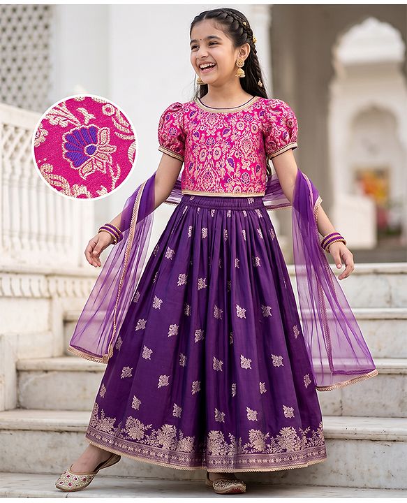 Pine Kids Woven Half Sleeves Lehenga Choli with Dupatta and Floral Damask Print in Pink