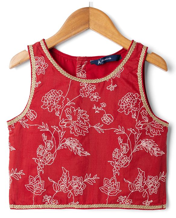 Pine Kids Woven Lehenga Choli and Dupatta with Sleeveless, Full Length and Floral Print in Red