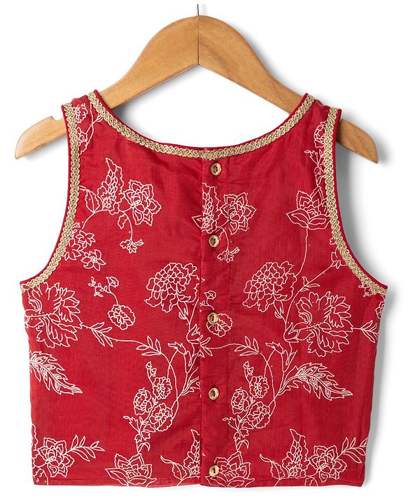 Pine Kids Woven Lehenga Choli and Dupatta with Sleeveless, Full Length and Floral Print in Red