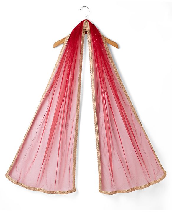 Pine Kids Woven Lehenga Choli and Dupatta with Sleeveless, Full Length and Floral Print in Red