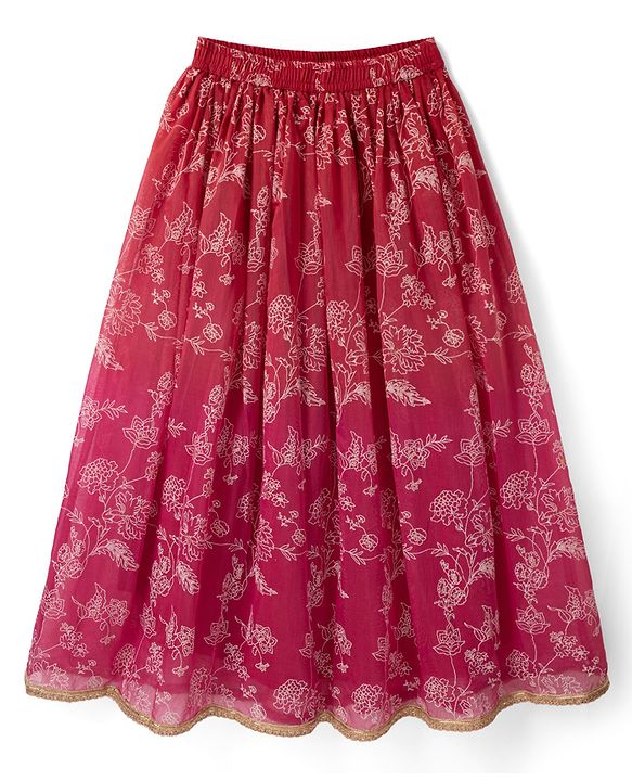 Pine Kids Woven Lehenga Choli and Dupatta with Sleeveless, Full Length and Floral Print in Red