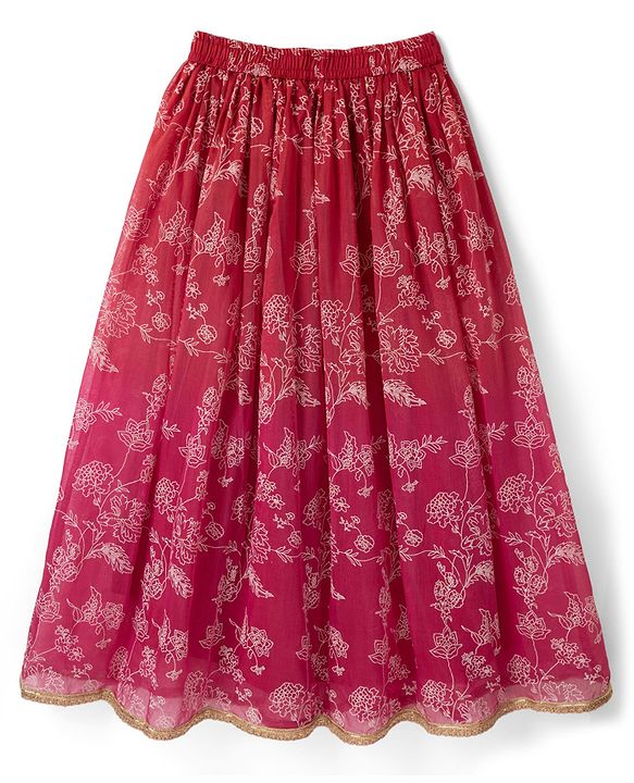 Pine Kids Woven Lehenga Choli and Dupatta with Sleeveless, Full Length and Floral Print in Red