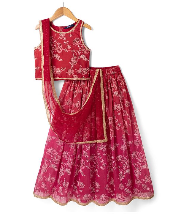 Pine Kids Woven Lehenga Choli and Dupatta with Sleeveless, Full Length and Floral Print in Red