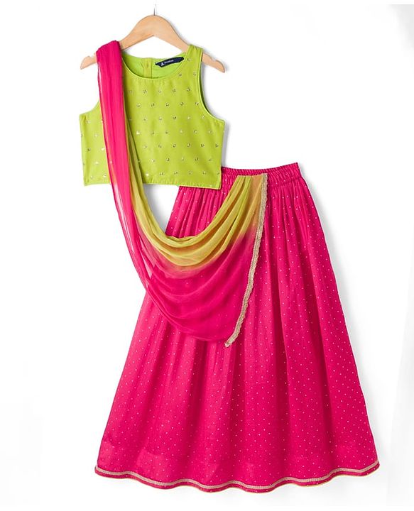 Pine Kids Woven Choli and Lehenga with Dupatta and Full Length and Foil Print in Light Green for 4-5 Years