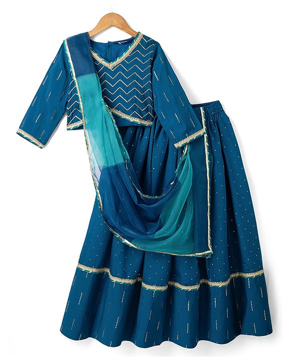 Pine Kids Woven Lehenga Choli with Dupatta Full Sleeves and Chevron Foil Print in Teal Blue