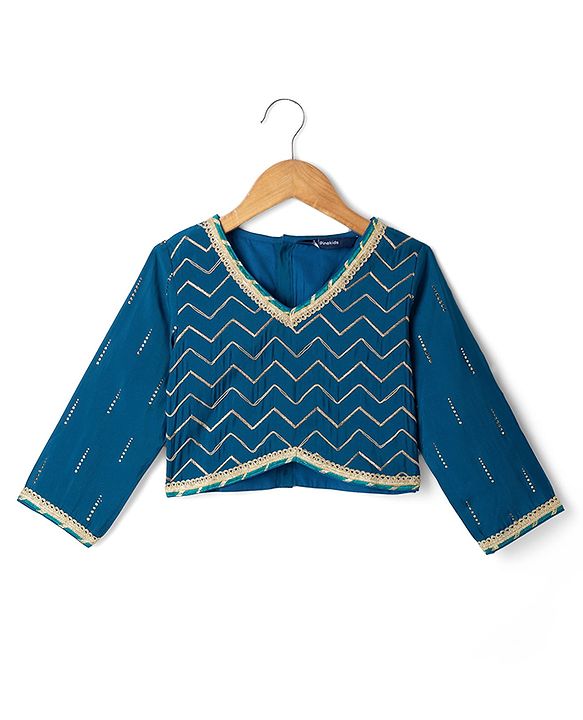 Pine Kids Woven Lehenga Choli with Dupatta Full Sleeves and Chevron Foil Print in Teal Blue