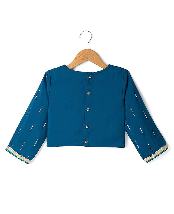 Pine Kids Woven Lehenga Choli with Dupatta Full Sleeves and Chevron Foil Print in Teal Blue